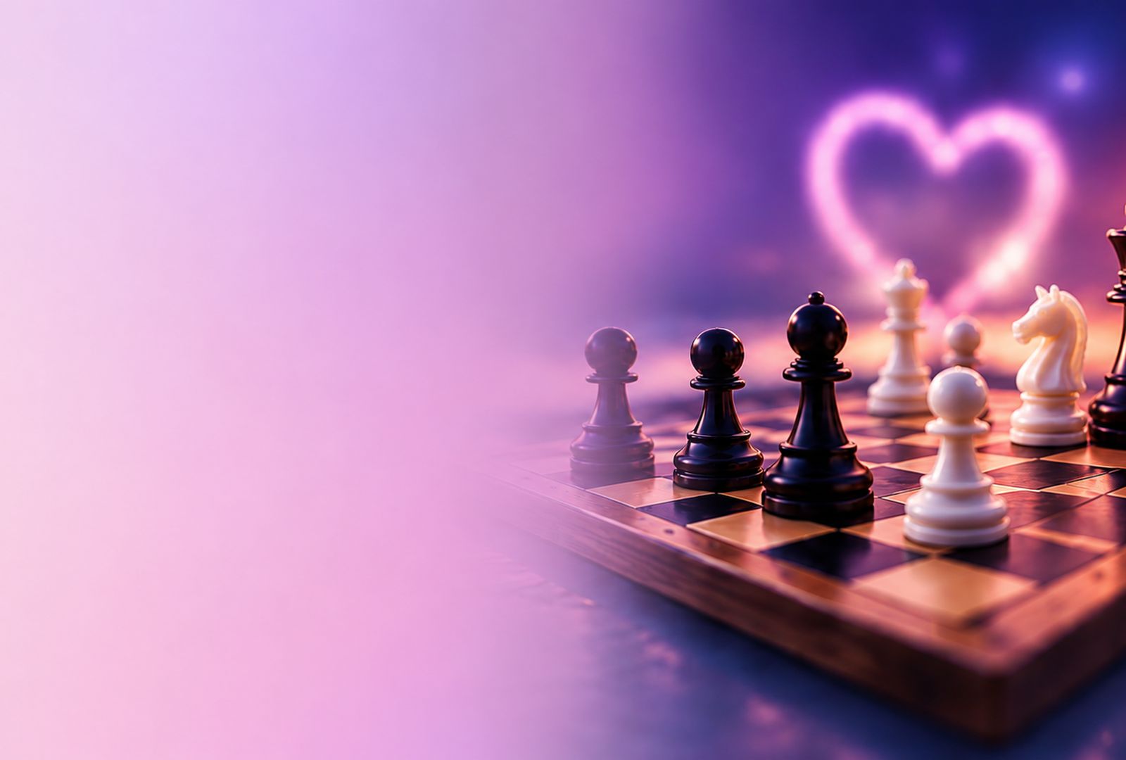 A chess board with a glowing heart above it