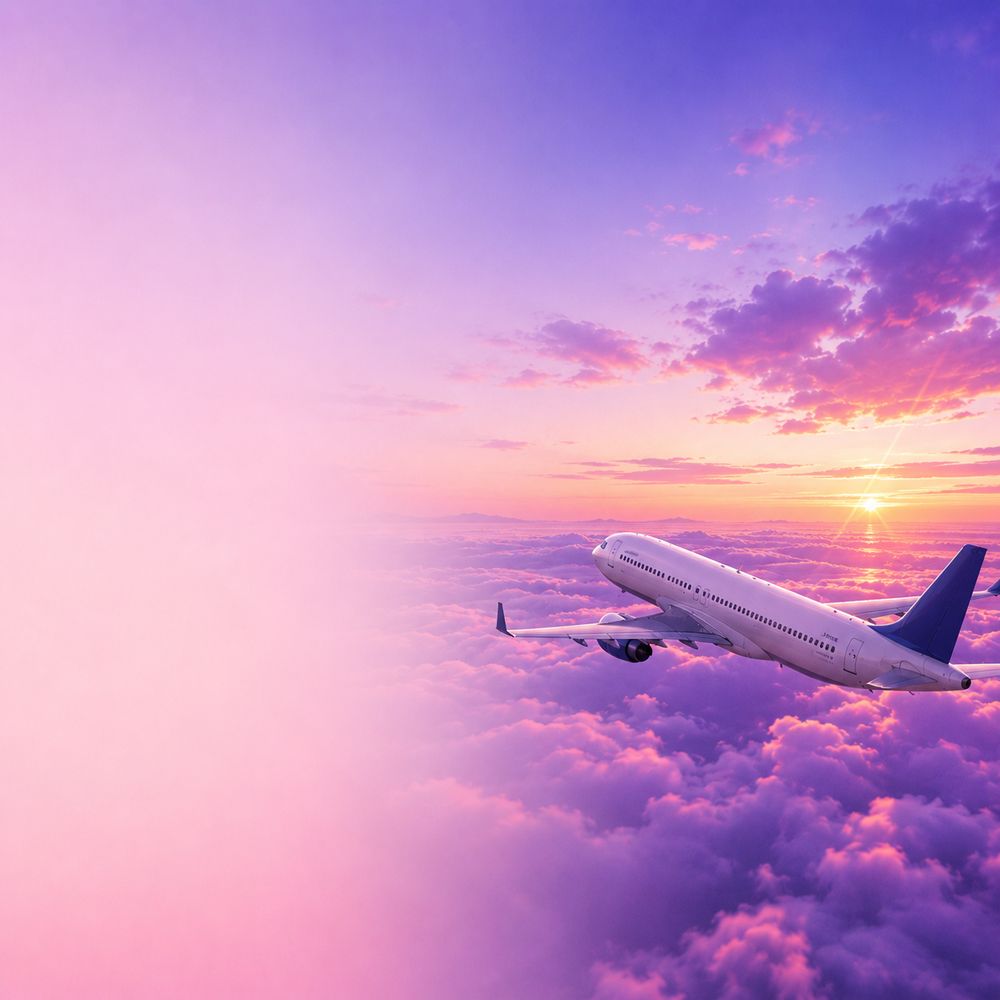 An aeroplane above the clouds at sunset