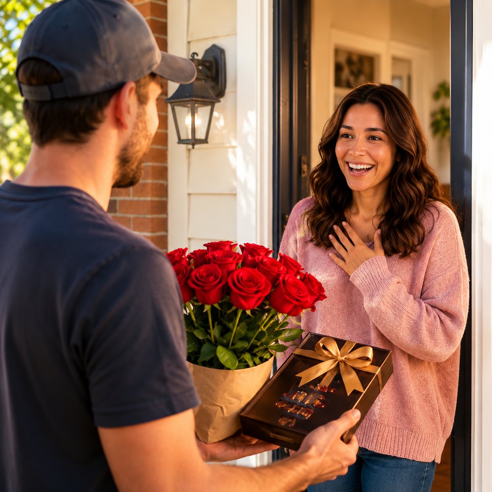 Flowers and a gift arriving at the door