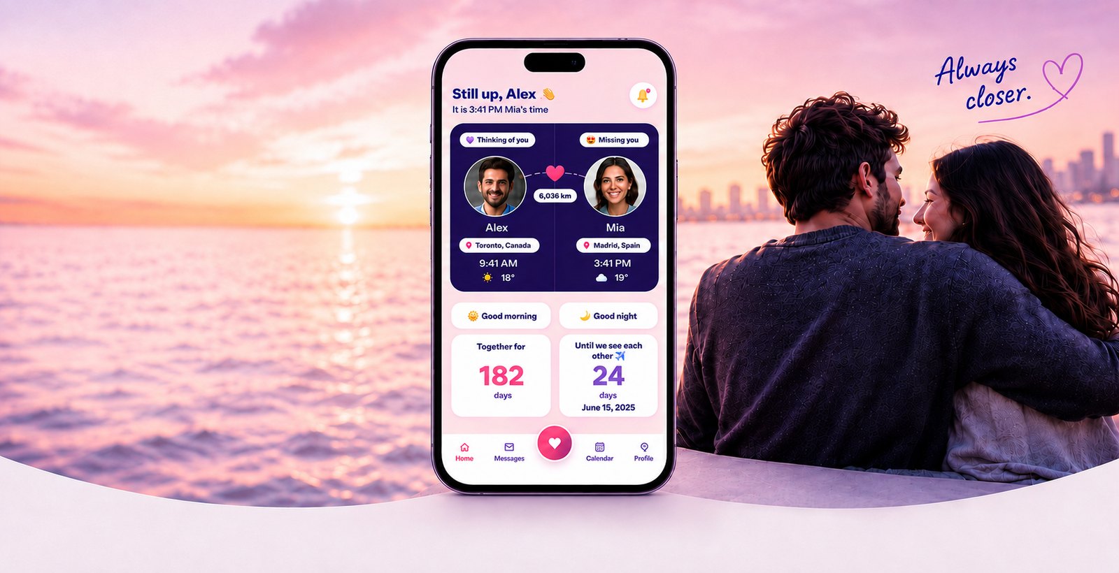 A couple watching the sunset together, with Carinly open on a phone