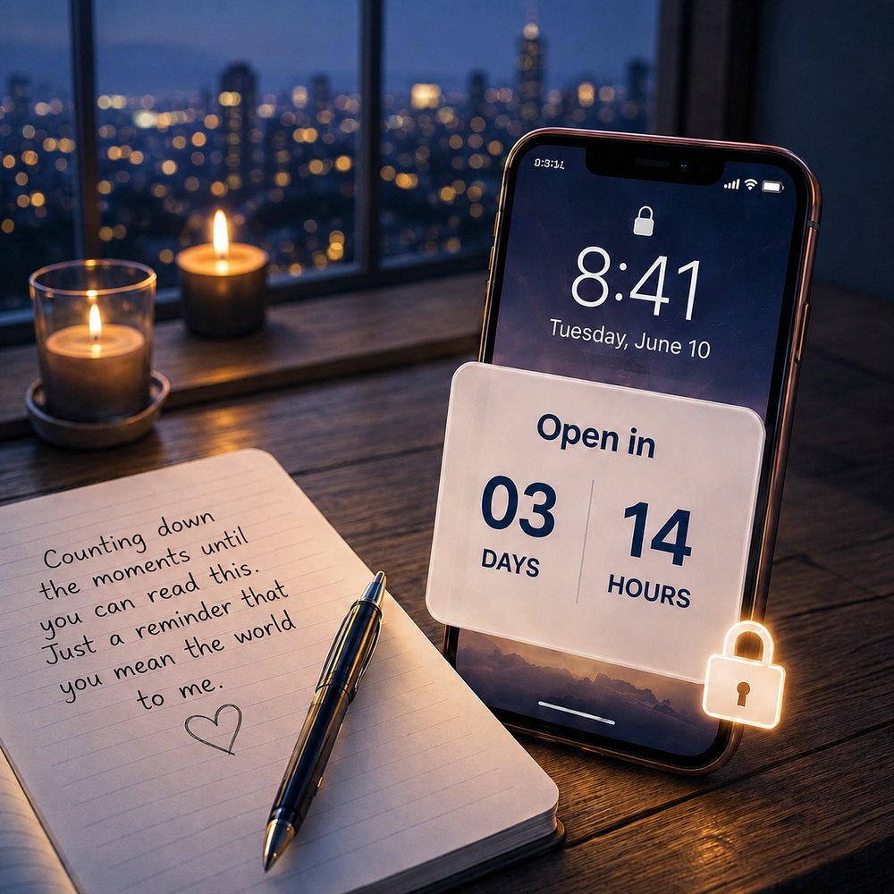 A handwritten note beside a phone counting down to the day it opens