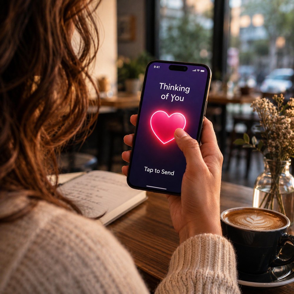 Someone tapping a heart on their phone at sunset