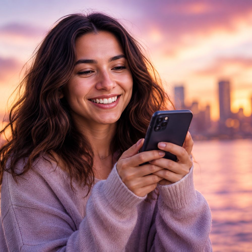 Someone smiling at their phone