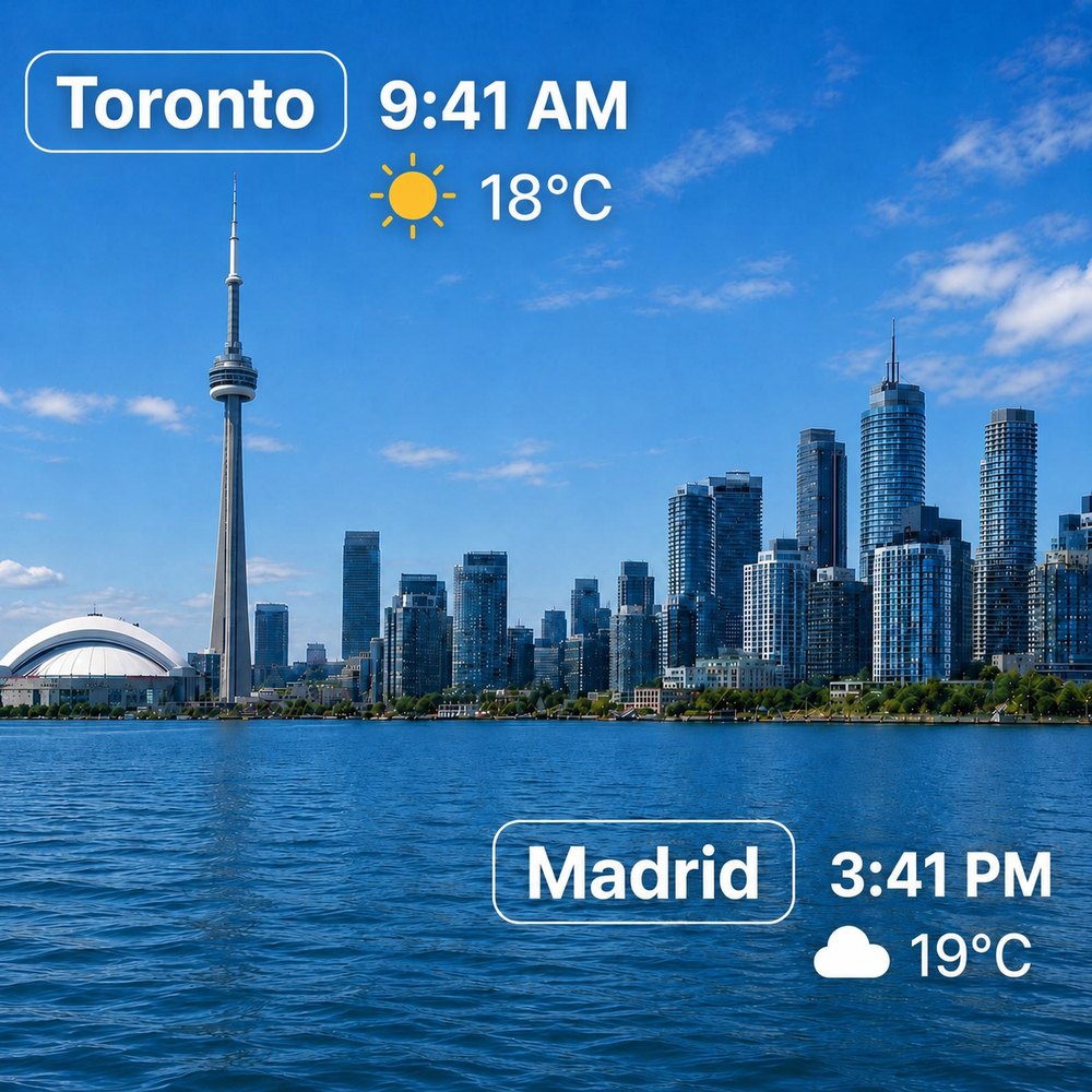 Toronto and Madrid, six hours apart, with the time and weather in each